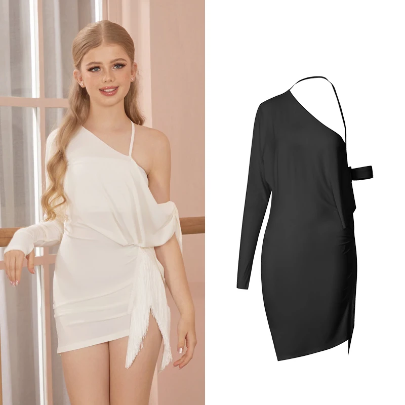 ZYM 2025 vestido de baile latino para niñas, ropa de práctica holgada con hombros inclinados y calzoncillos, vestido latino Chacha Rumba DQS21240