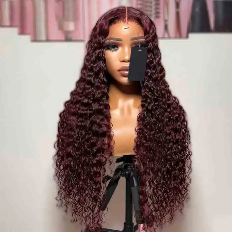 

Soft 26“ Long Natural Hairline Burgundy 99j Kinky Curly 180Density Lace Front Wig For Women Babyhair Heat Resistant Preplucked