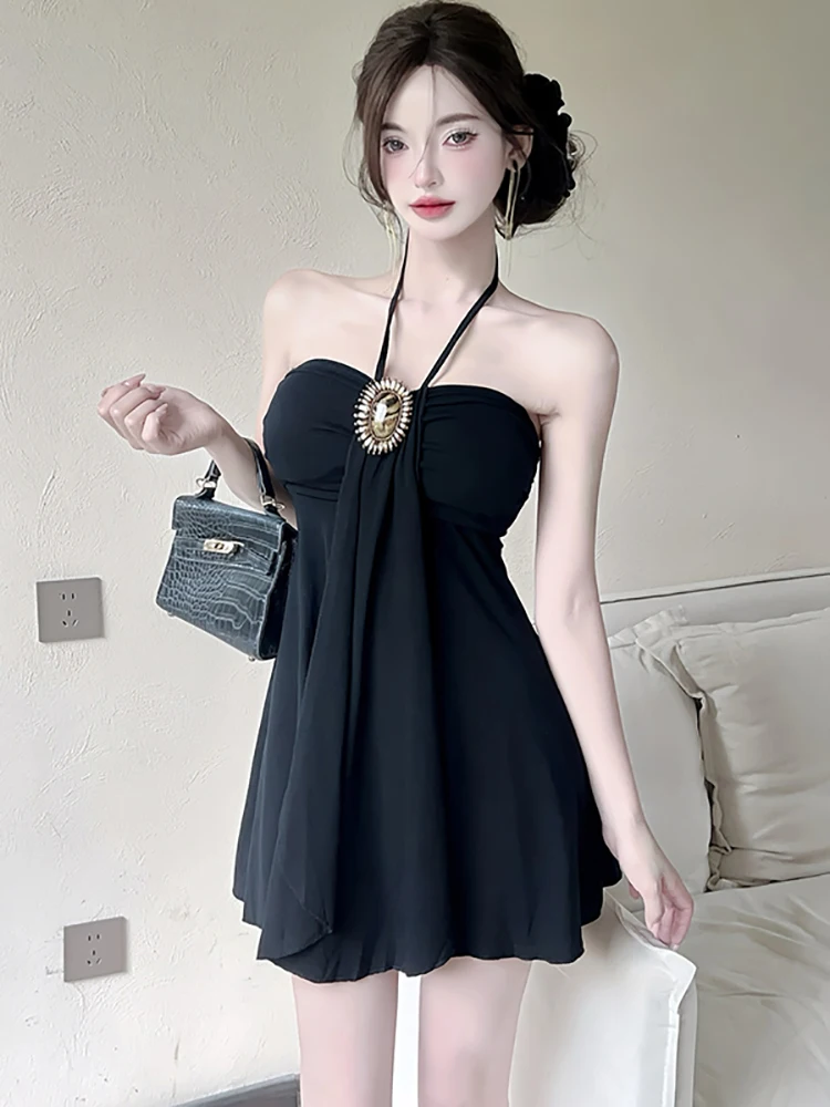 Damska Fioletowa Elegancka Sukienka Mini z Diamentami, Seksowna Sukienka na Szyję, Letnia Elegancka Luksusowa Suknia, Nowa Koreańska Sukienka Bodycon na Urodziny 2025