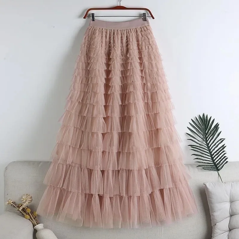 

Ele Layered Cake Skirt f-length Princ Sle Elastic Waist Polyester Fabric Korean Sle Commute Wave Lace Design