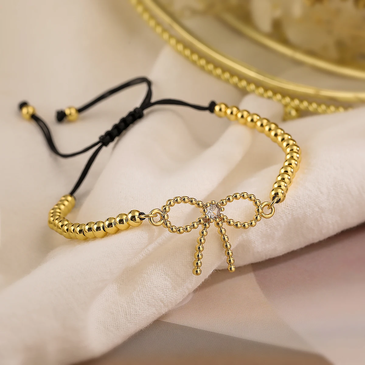 High Quality Gold Color Beads Chain Bracelets Adjustable Trendy AAA CZ Inlay Bowknot Jewelry Femme Bijoux