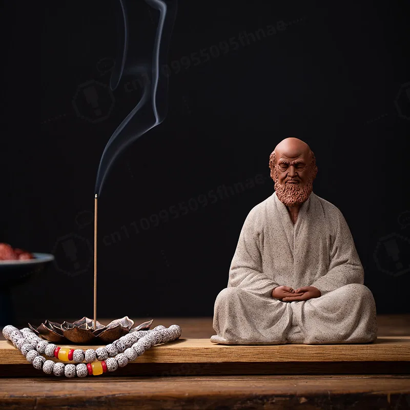Chinese Zen Style Purple Clay Dharma Patriarch Statue Ceramic Tea Pet Retro Desktop Ornament for Tea Table