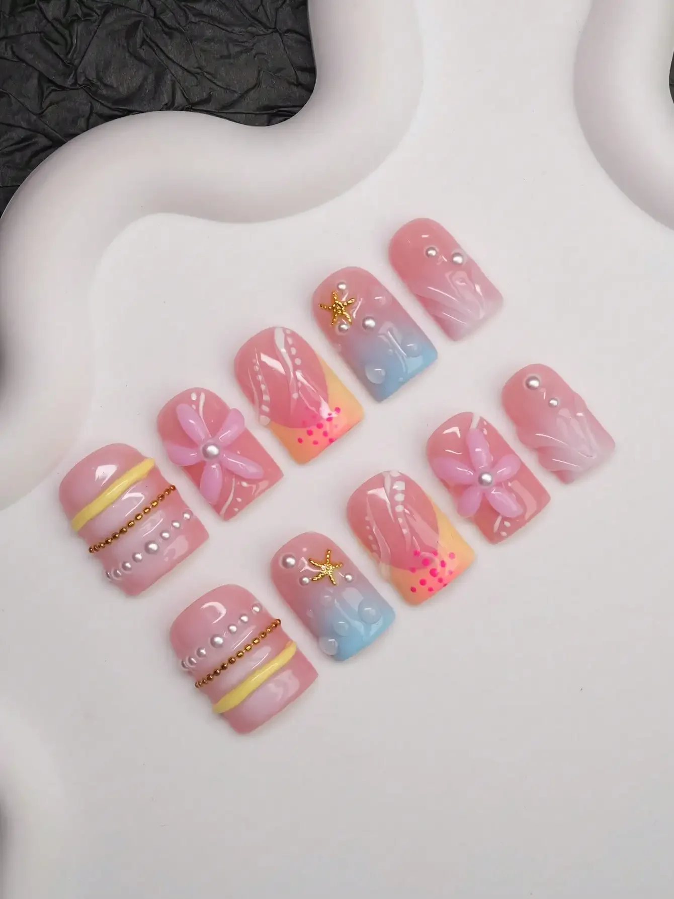 

10pcs/Set Handmade Square Nail Tips, Y2K Baddie Style, Nude, Pink, Yellow, Blue Nail Plates With French Edge, Carved, Rhinestone