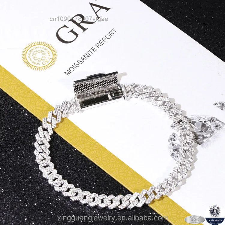 Ice Full Out White Gold Plated Moissanite Cuban Chains 2 Rows 925 Solid Silver Moissanite Cuban Link Chain Hip Hop Bracelets.