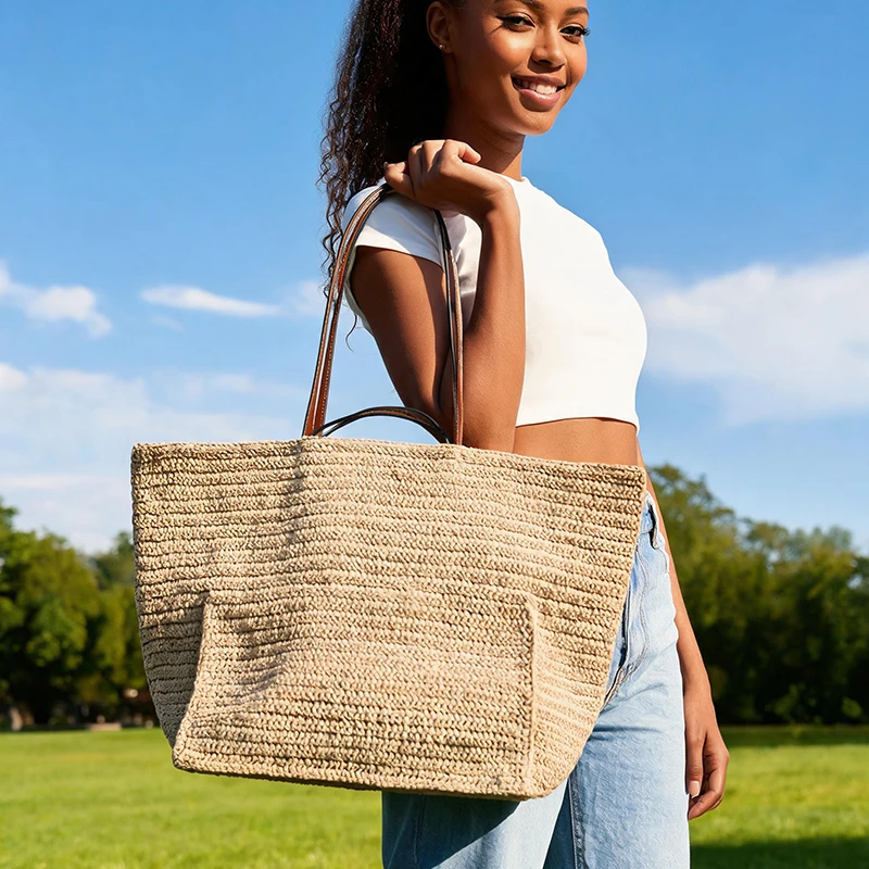 Handgewebte Stroh-Strandtasche, Große Kapazität Damen-Schultertasche, Leichte Vielseitige Sommer-Handtasche für Pendeln und Reisen, Khaki – Detail 9