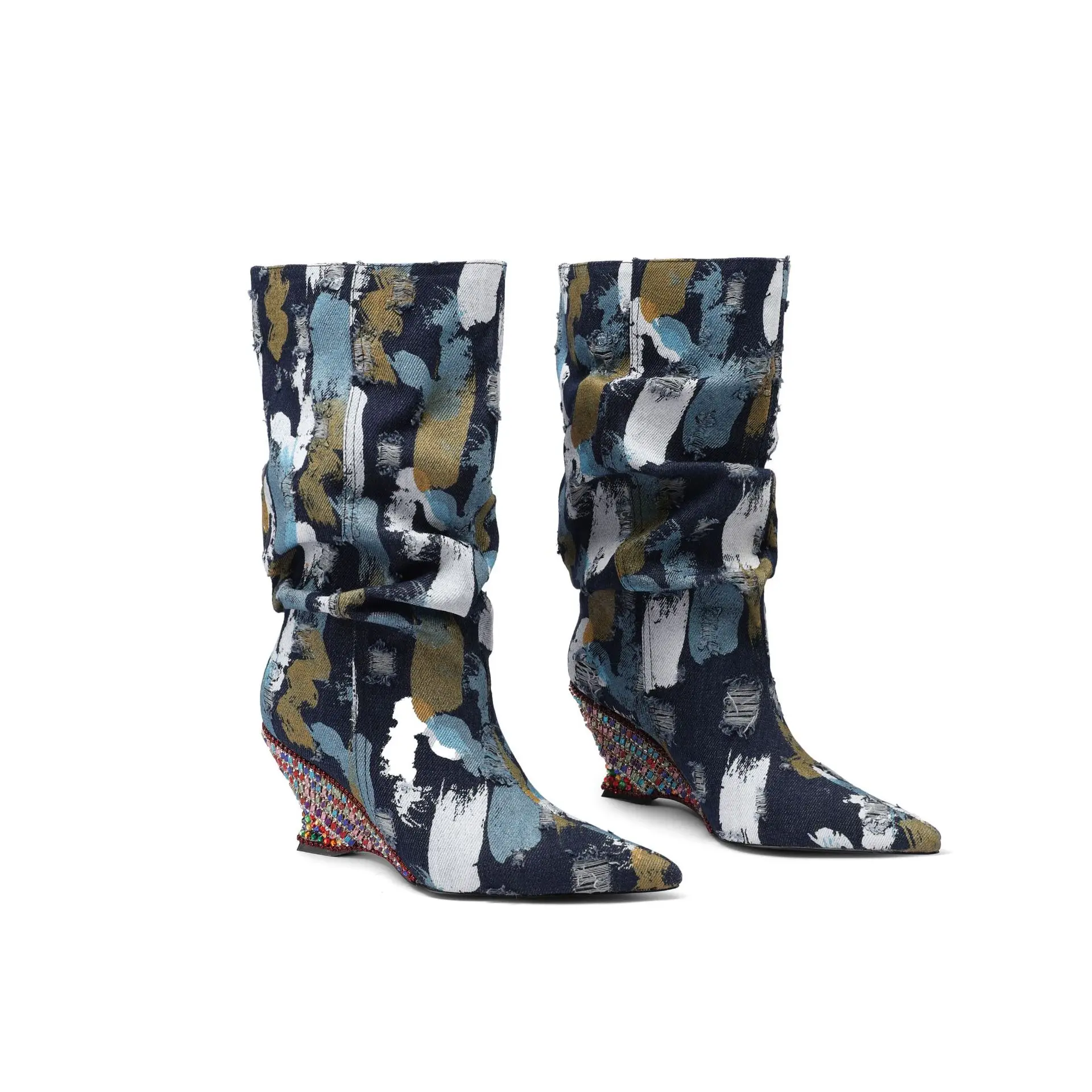 Pointed Toe Ultra-Beautiful Smudged Gradient Scarlet Metal Decorative Genuine Leather Ankle Boots Abnormal Women Boots