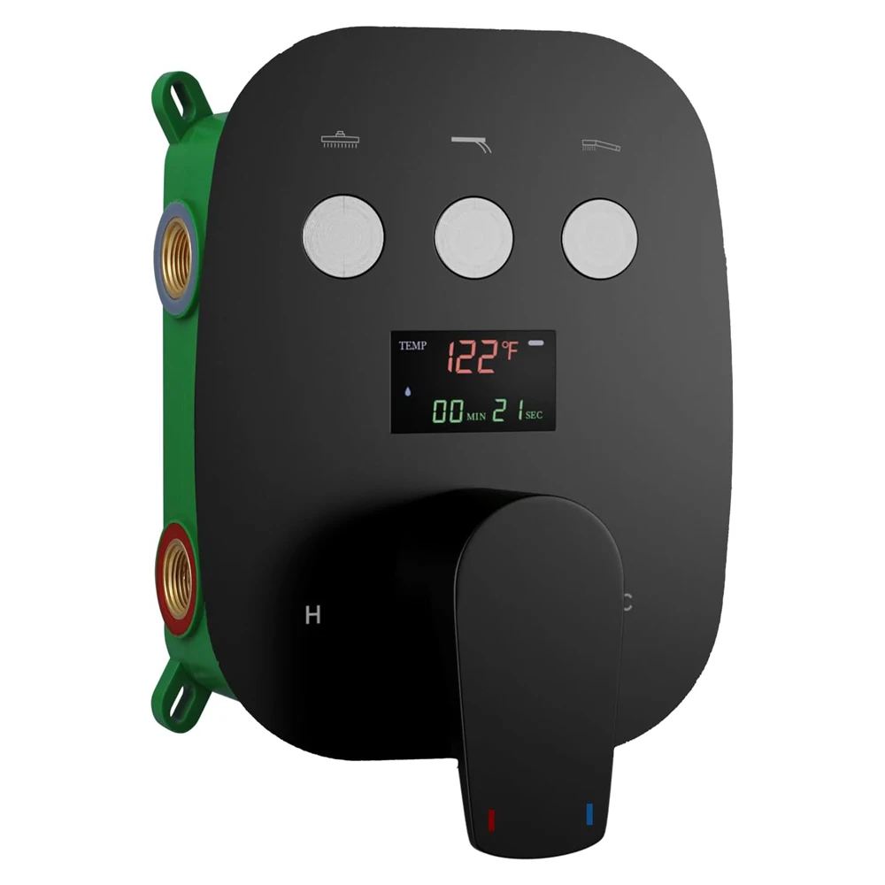 

Modern Matte Black 3 Function Shower Diverter Valve Temperature Control Display Push Botton Shower Valve Kit