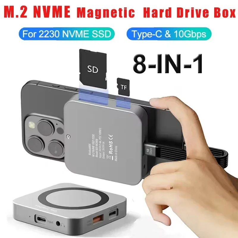 8-IN-1 M.2 Magnetic Docking Station 10Gbps M.2 Nvme Drive Box 100W Fast Charge SSD Case USB C 3.2 Gen2 for iPhone15 Pro MacBook