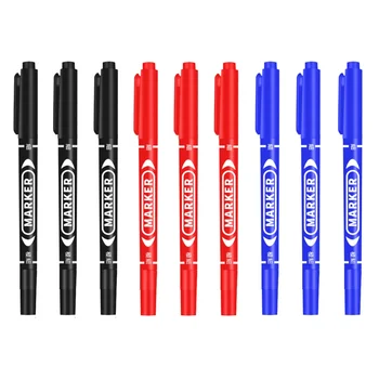 Dupla ponta permanente caneta marcador, ponto fino, tinta impermeável, Nib fino, Nib bruto, tinta preta, 0,5mm-1mm, cor fina, atacado, 9 pcs, conjunto