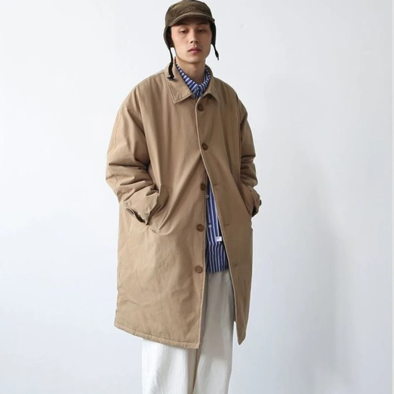 Japanese Retro Solid Mid-length Windbreaker Coat Spring Simple Casual High Street Loose Overcoat Men Tops Male Clothes