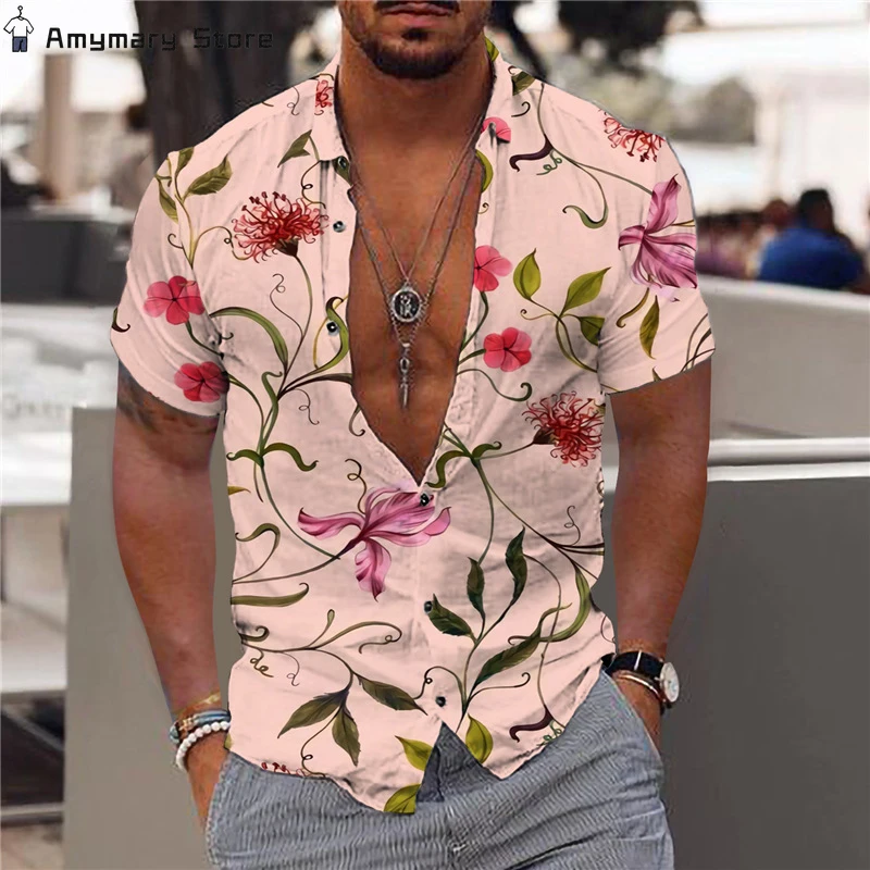 Camisa estampada floral havaiana masculina, manga curta, botão de lapela, festa na praia, blusa casual, moda de rua, novo, verão