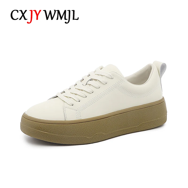 CXJYWMJL Genuine Leather Women Platform Sneakers Spring Thick Bottom Skate Shoes Ladies Casual Vulcanized Shoes Woman Autumn