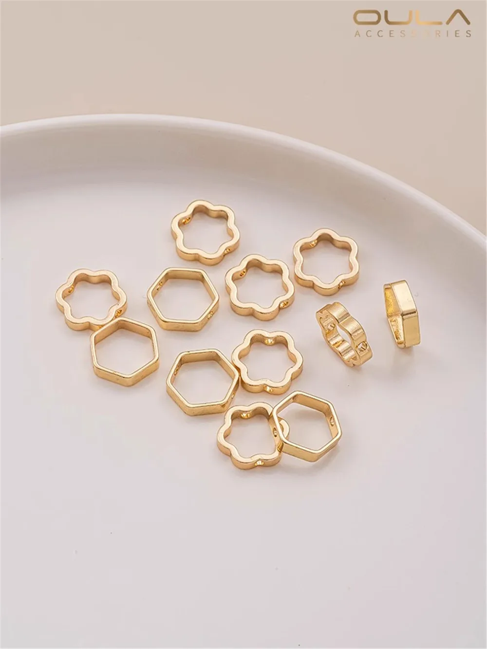 

14k Bag Gold Color Plum Blossom Set Bead Ring Small Beaded Hexagonal Geometric Pierced Bead Ring Diy Jewelry Beading Material