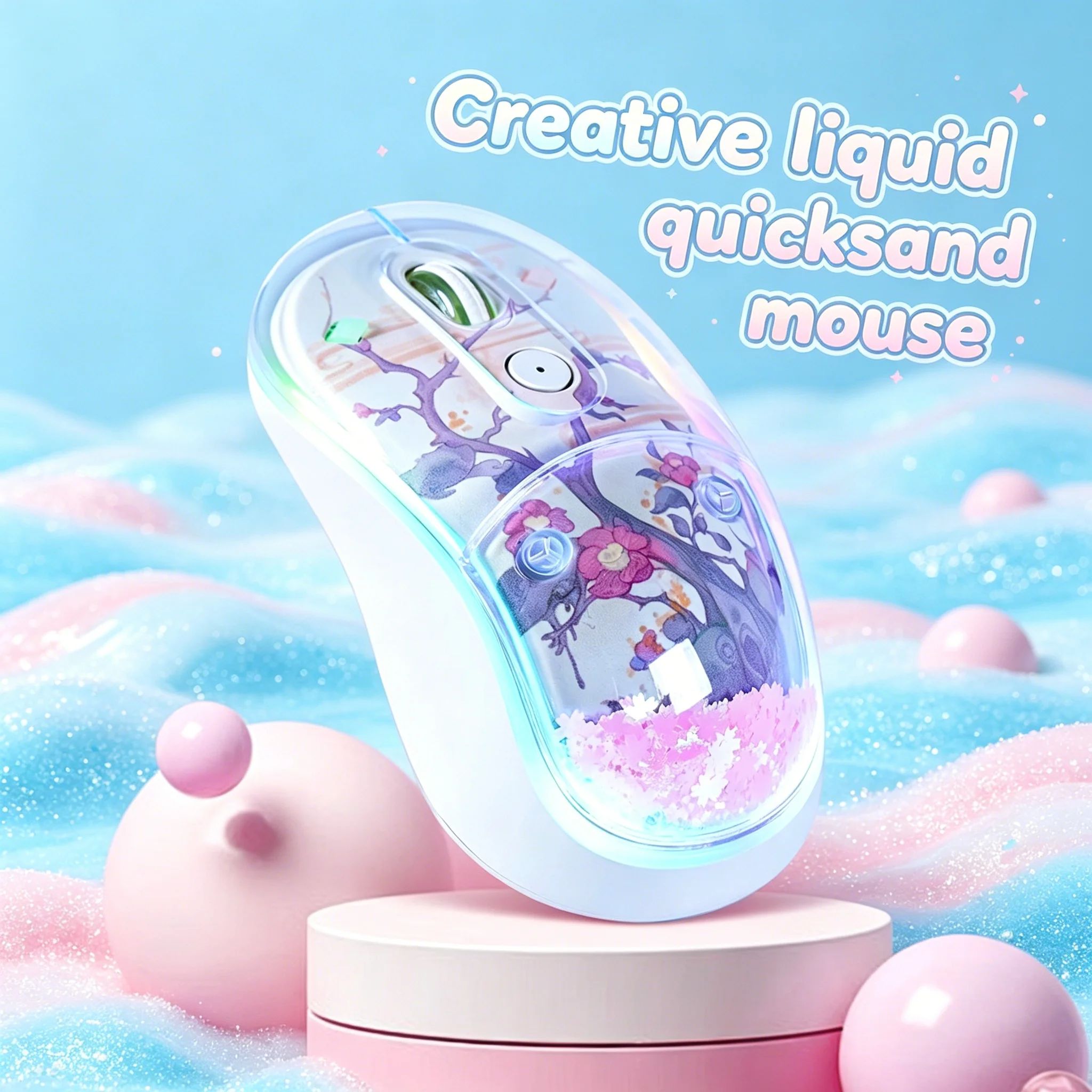 Wireless Silent Mouse Cute Liquid Flowing Sand Design Rechargeable 2400 Adjustable DPI Stylish RGB Office Mouse for Laptop PC