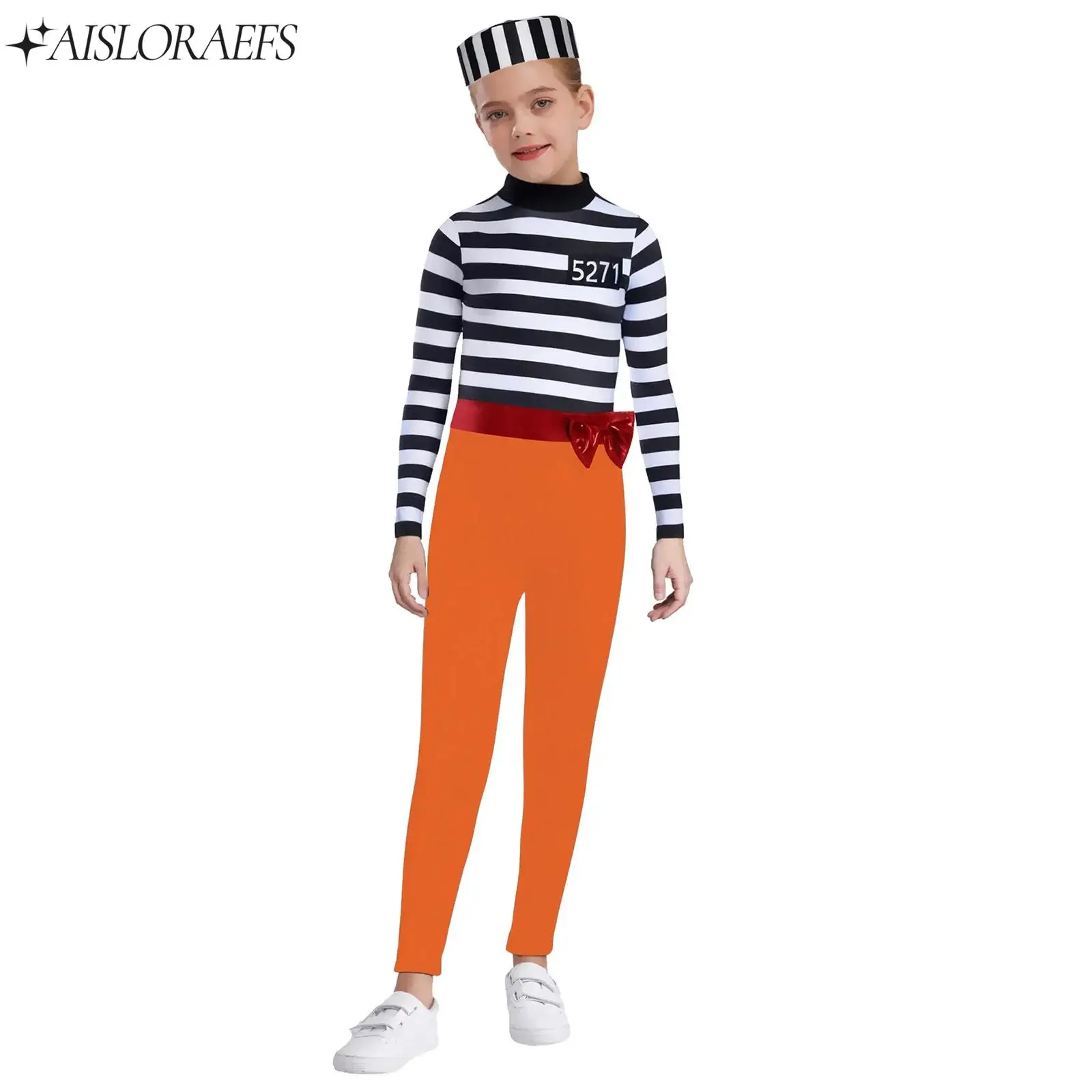 

2Pcs Girls Festival Prisoner Cosplay Costume Outfit Halloween Jailbird Inmate Costume Long Sleeve Jumpsuit with Prisoner Hat Set