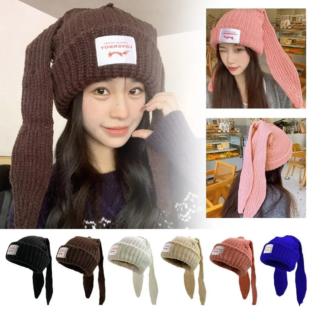 Gorro de lana tejido con Orejas de conejo, gorro de amor para niña y niño, diseño de nicho, gorro de moda con personalidad, bonito y cálido sombrero de tendencia para otoño e invierno