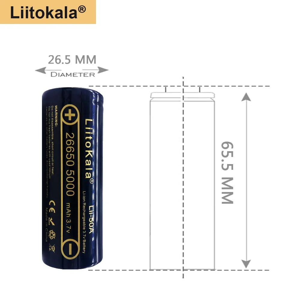 High Capacity LiitoKala 26650 5000mah Li-ion Rechargeable Battery Lii-50A 3.7v 26650-50A battery for Flashlight 20A new packing