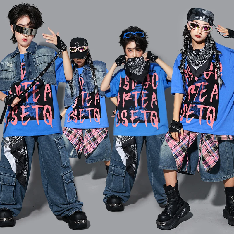 Hip Hop Jungen Lose T-shirt Zerrissene Jeans Hosen Street Dance Shorts Mädchen K-pop Jazz Kostüm Kinder Kleidung Set kind Streetwear