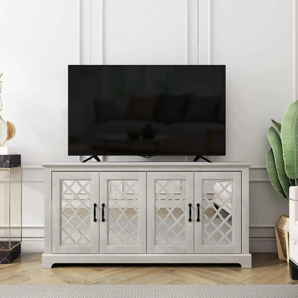 

TV Stand for 65+ Inch,with Mirror Doors, Rustic Style with Storage Shelves, for Living Room,Rectangular Wood Television Cabinets