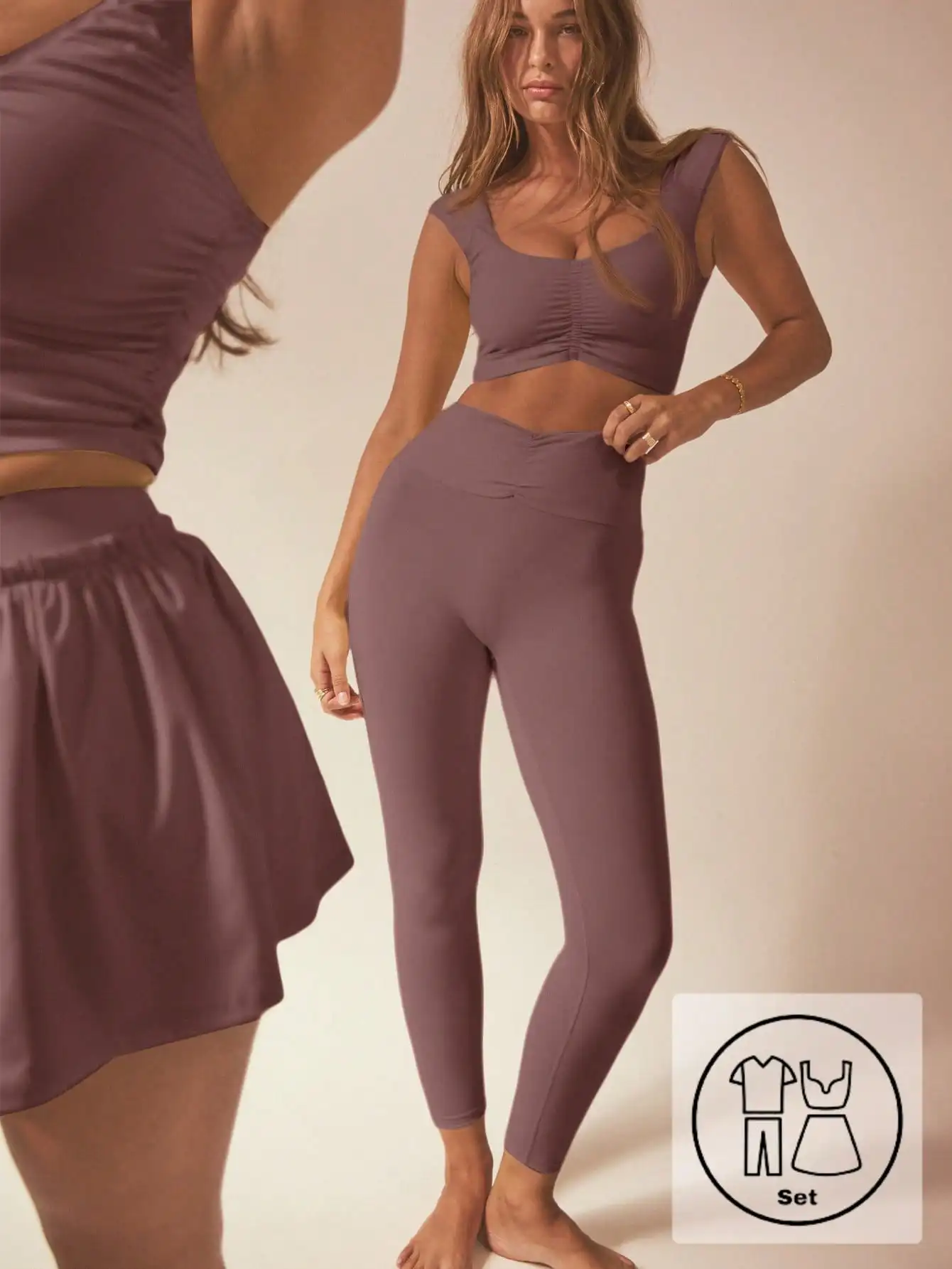 

Женский комплект: укороченный топ с драпировкой и леггинсы с высокой талией однотонного цвета