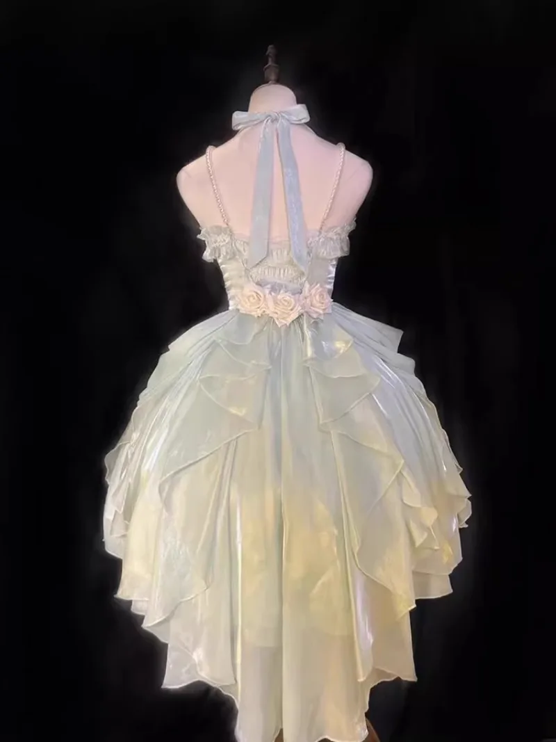 2023 neue Japanische Sommer Hals Bogen Rohr Top Dreidimensionale Blume Taille Dünne Grüne Element Flauschigen Kleid Für Frauen