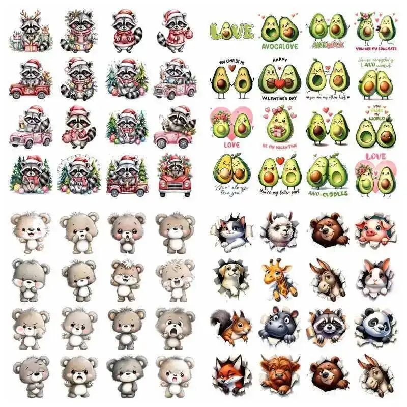 Christmas Fox Avocado Bear set heat transfer iron on printing vinyl stickers T-shirt stickers DIY Toy doll clothing decoration