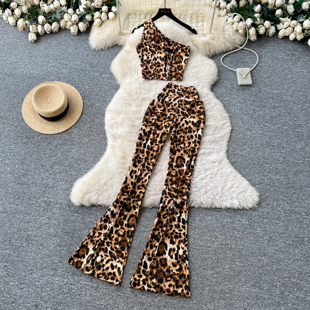 

Pant Set Women Two Piece Sets Leopard Print Oblique Shoulder Sleeveless Sexy Short Tops Long Pants High Waist Y2k Streetwear