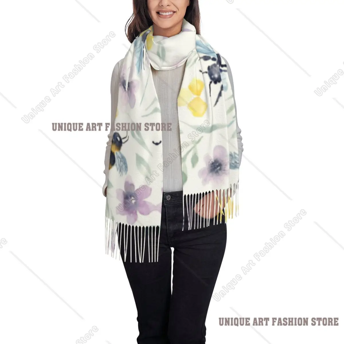 Custom Print Watercolor Bee Pollinators With Florals Scarf Men Women Winter Fall Warm Scarves Shawl Wrap