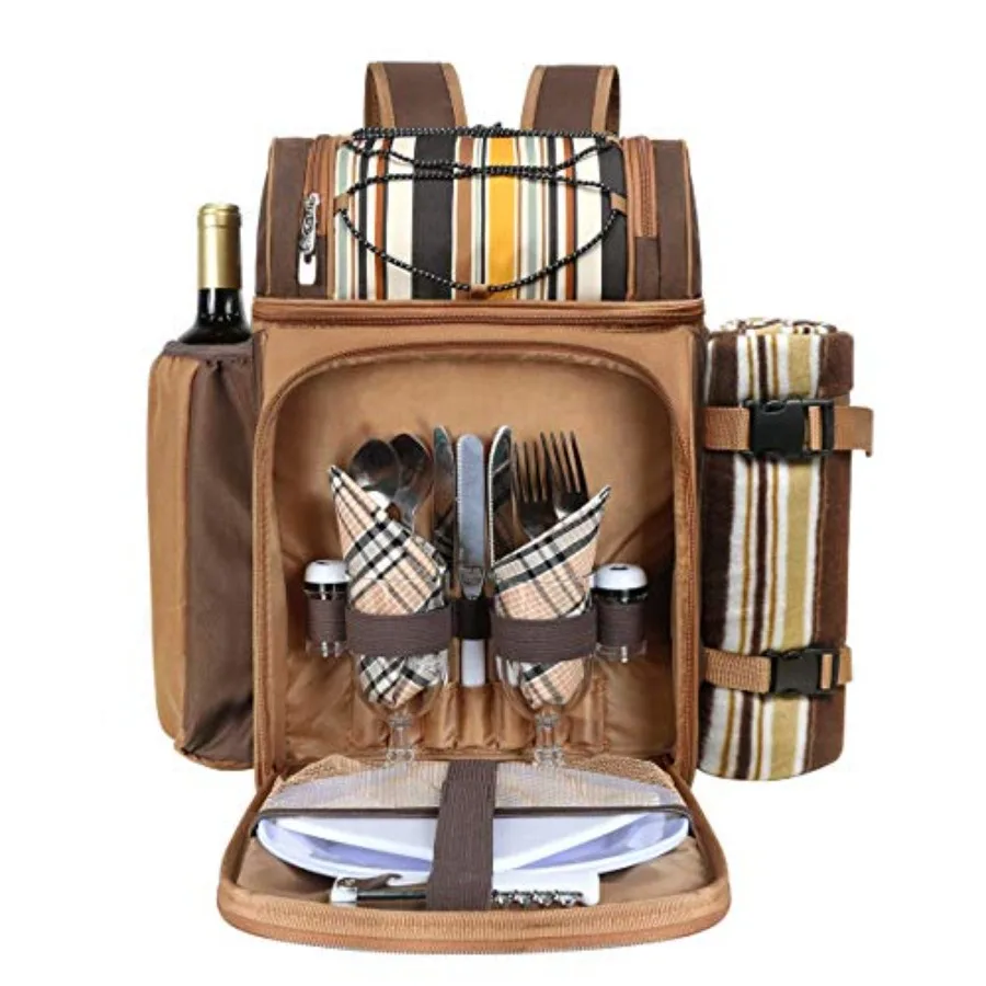 

Picnic Basket Backpack for 2 Person with 2 Insulated Cooler Compartments Wine Holder Fleece Blanket Cutlery Set Ideal for Outdo