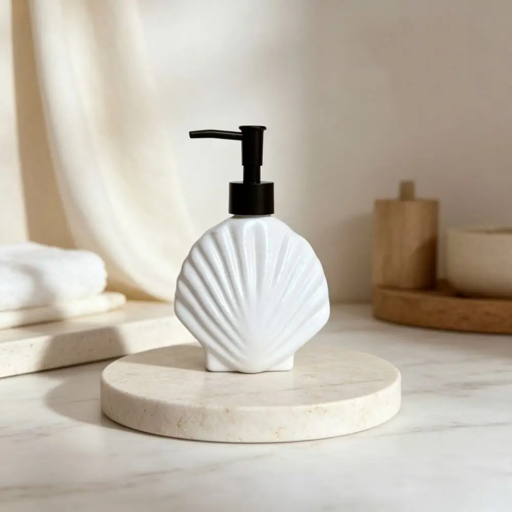Moderner 360ml Muschelförmiger Seifenspender aus Glas, Drucktyp, Flüssigseifenbehälter, leer, auslaufsicher, Handdesinfektionsmittelhalter für Restaurants – Detail 7