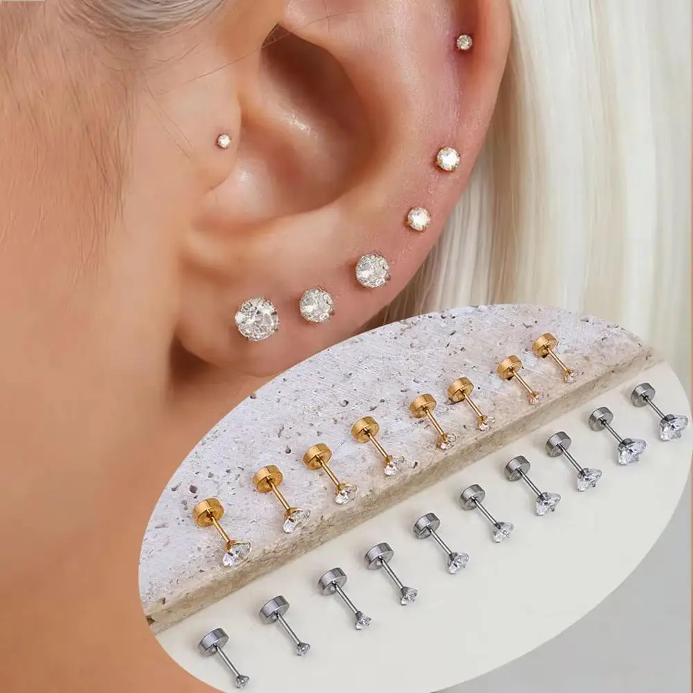 3/4/6 Pairs Stainless Steel Flat Back Screw Studs Earrings Women Men 4 Prong Tragus Small Round Clear Cubic Zirconia Ear Jewelry