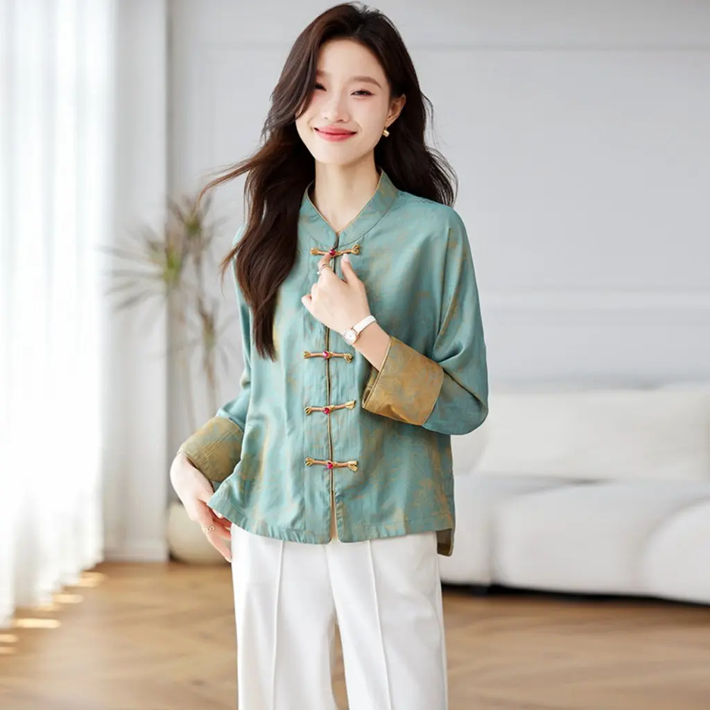 

Women's Chinese Style National Button Top Jacket Vintage Jacquard Long Sleeve Shirt with Vertical Collar Spring Autumn New