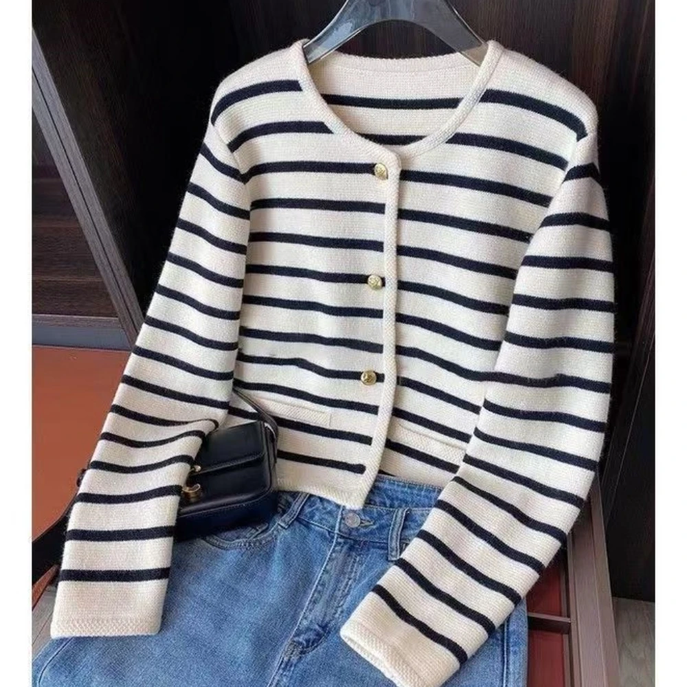 Elegant Knit Vest Stripe Casual Sweet Sleeveless & Long Sleeve Sweater Cardigan Women Clothing Tank All-match Autumn French Top