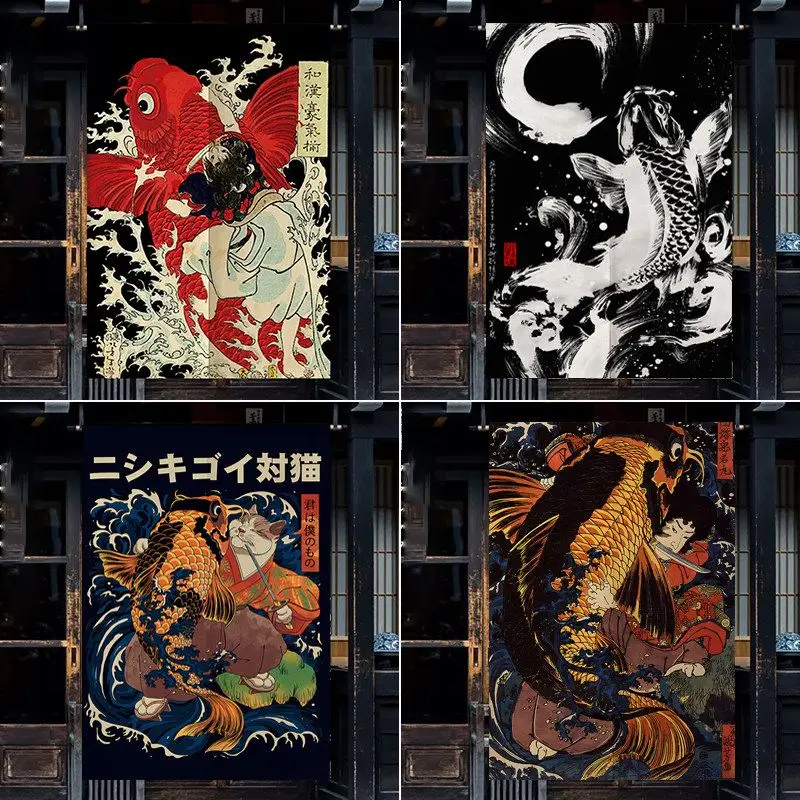 VIKAMA Japanese Ukiyo E Koi Fish Wave Noren Door Curtain For Doorway Room Divider Privacy Partition Curtain Kitchen Home Decor