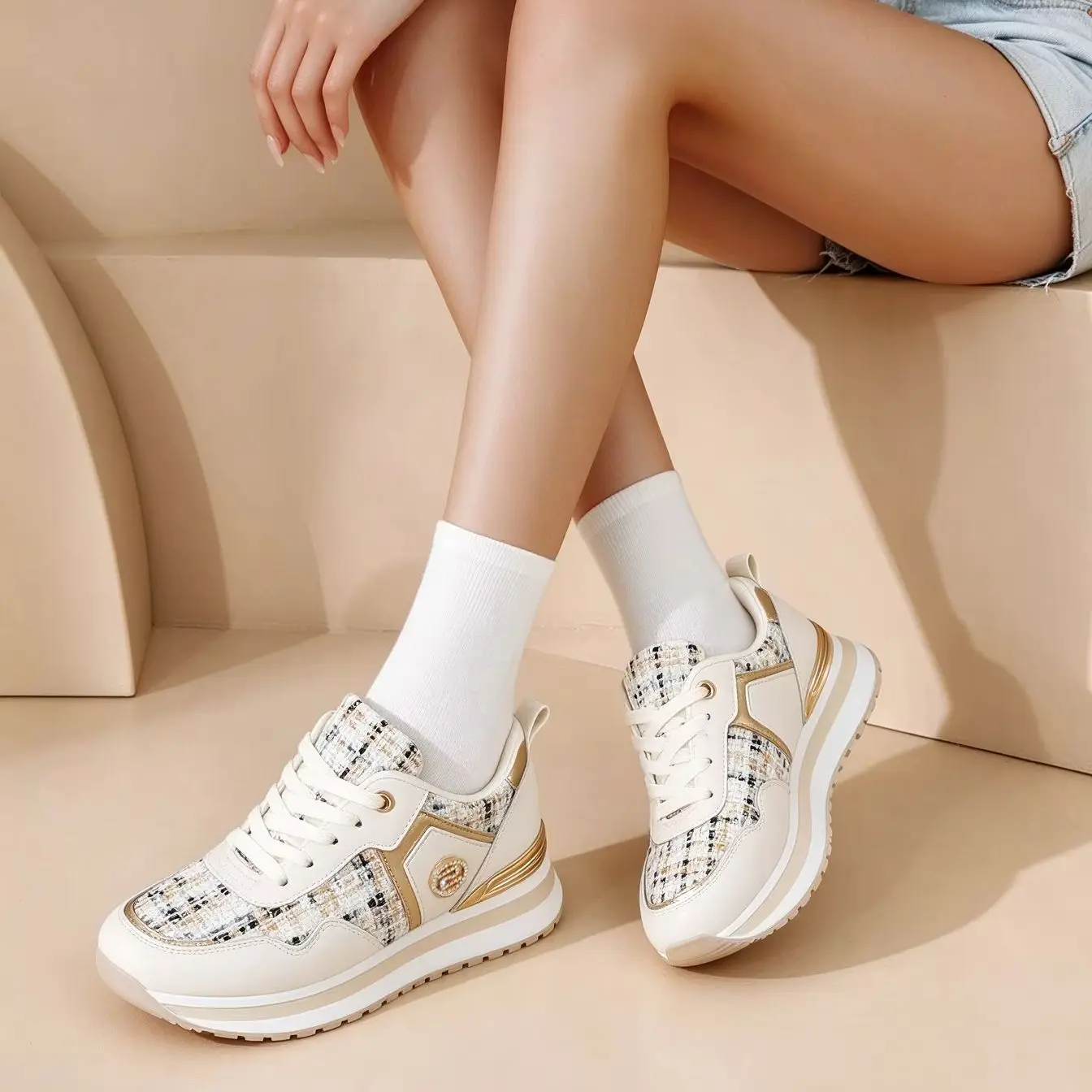 Desaidb Women Wedge Heel Sneakers Patchwork Color Elegant Style Thick Platform Shoes Four Seasons Versatile Casual Footwear