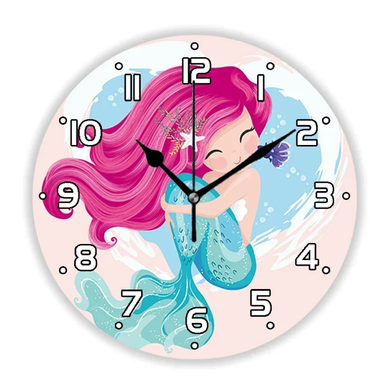 Girly Cute Cartoon Mermaid Wall Clock for Kid Bedroom Girl Nursery Little  Art Large  Watch Home Decor Daughter Gift