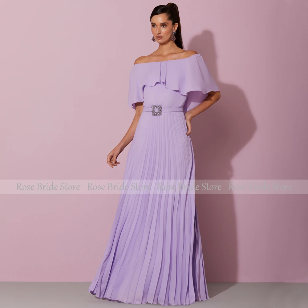 Elegant Wedding Guest Dresses Lavender Off the Shoulder A Line Mor of  Bride Dress Long Belt Pleated Women's Party Gowns