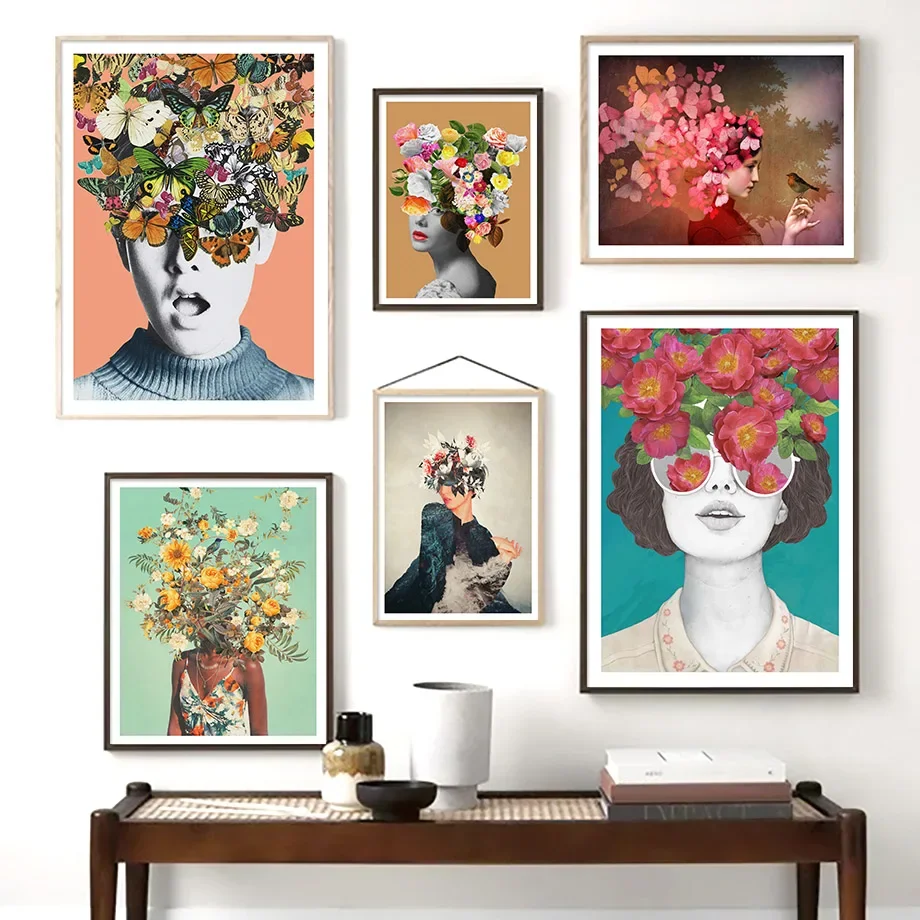 

Abstract Vintage Girl Butterfly Flower Wall Art Canvas Painting Nordic Posters And Prints Wall Pictures For Living Room Decor