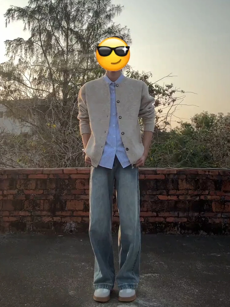 

Светло-голубые джинсы из бамбукового волокна с прямыми штанинами, мужские зауженные брюки-буткэт, американские ретро-брюки с широкими штанинами и изогнутым кроем