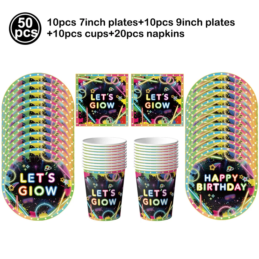 Einweggeschirr-Set mit Neon-Thema, Papier-Snack-Tabletts, Tischdecken, alles Gute zum Geburtstag, Banner, Kindergeburtstag, Glühen, Party-Dekoration, Zubehör – Detail 2