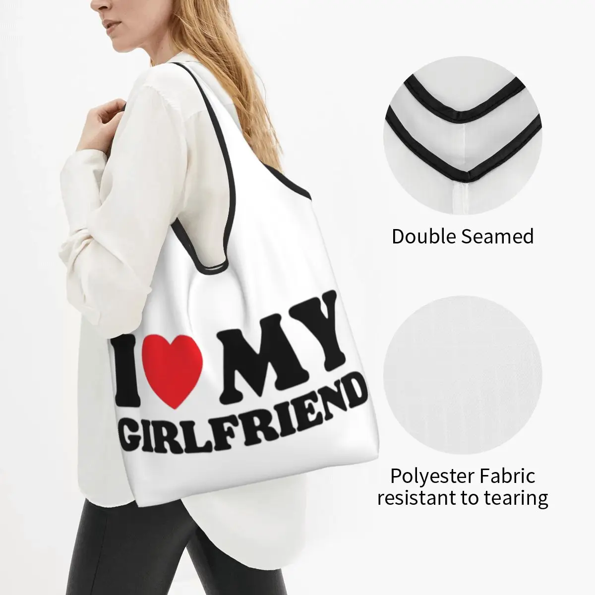 I Love My Girlfriend Portable Tote Shopping Bags Reusable Shopper Bag Grocery Handbag Shoulder Bag