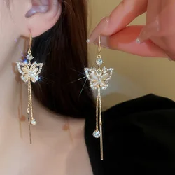 Korean Fashion Crystal Cat's Eye Stone Butterfly Tassel Earrings For Women Jewelry 2026 Trending Luxury Women's Drop Earrings
