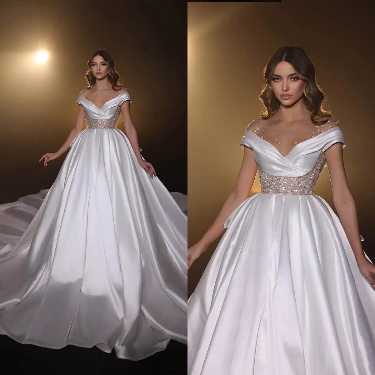 

Elegant Crystal Sequin Bridal Gown Off Shoulder V-Neck Satin Chapel Train Ball Gown Wedding Dress Vestido De Novia Customized