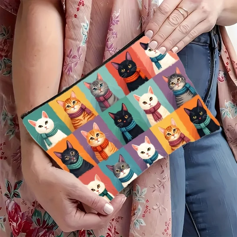 Cute Cat Print Makeup Bag with Zipper Closure,Portable Women's & Men's Gift for Cat Lovers, with Vibrant Cat Faces & Paw Prints