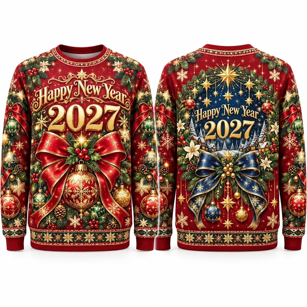 Ribbon Bow Gala Ugly Christmas Sweater Adds Happy New Year 2027 Cheer to Decorated Sweaters with Poinsettias and Baubles