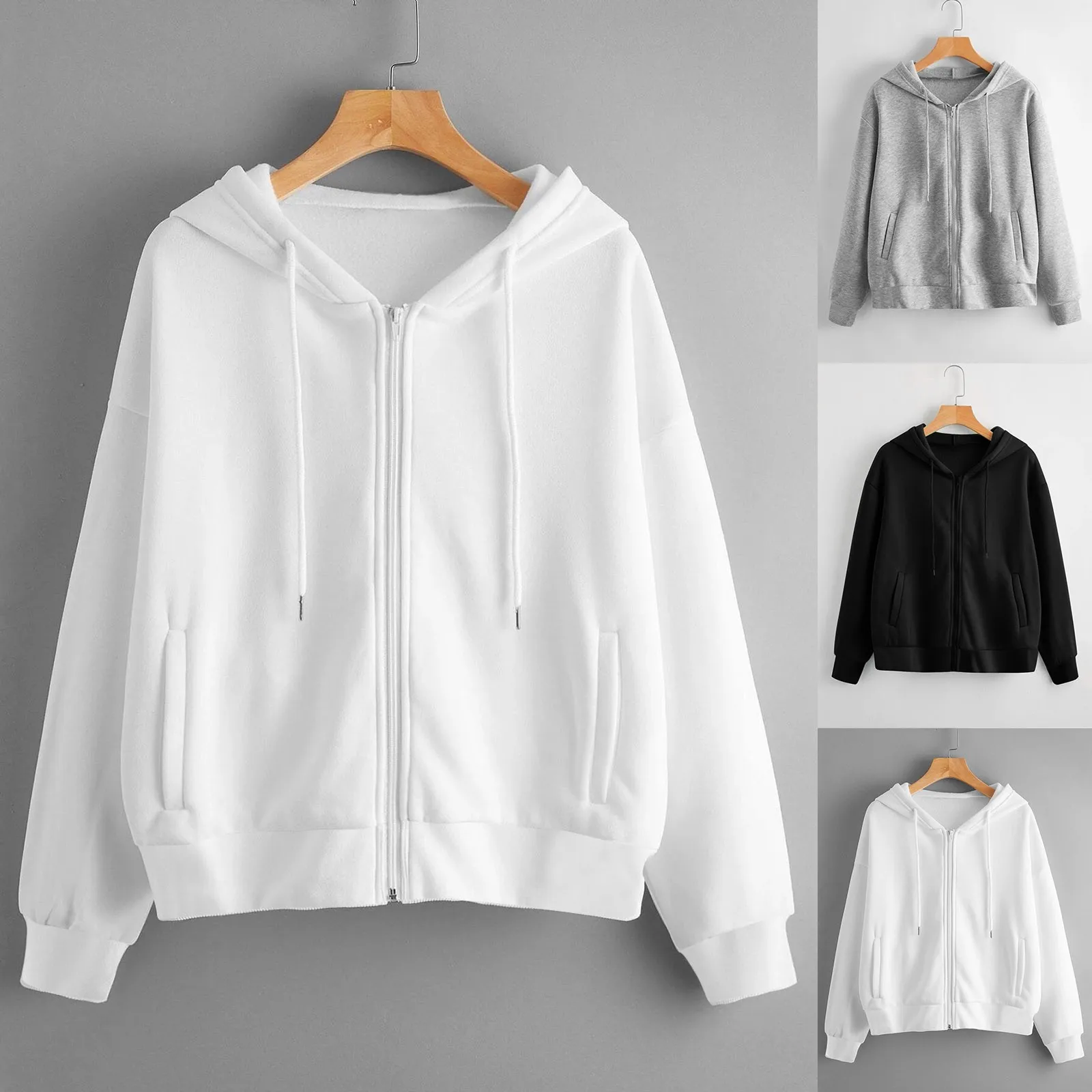 Zip Up Hoodie Women Solid Color Crop Top Y2k Aesthetic Hooded Tops Loose Casual Academy Cardigan Tracksuits Autumn Sweatshirts