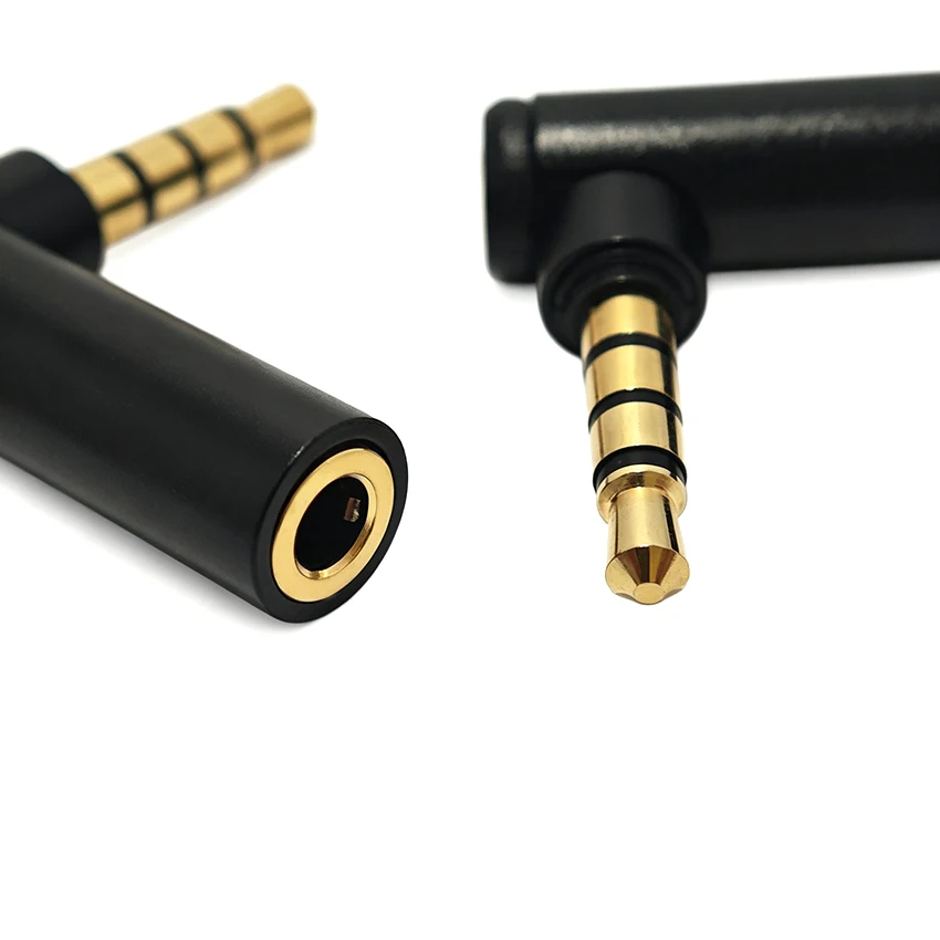 4-Pole 3.5mm Male to Female 90 Degree Audio Converter Adapter Connector L Type Stereo Earphone Microphone Jack Plug Black/Gold