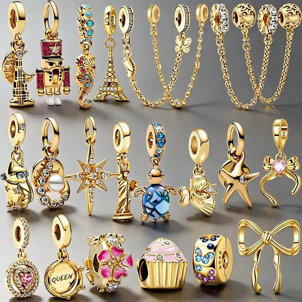 

Gold Plated Theme Charms for Bracelet DIY Jewelry Making Eiffel Tower Turtle Bow Safety Chain CZ Enamel Pendant Beads Women Gift