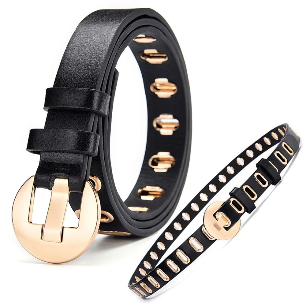 Womens Goth Belts Hollow-out Fashion PU Leather Gothic Punk Black Khaki White Brown for Women Round Metal Buckle Ceinture Femme