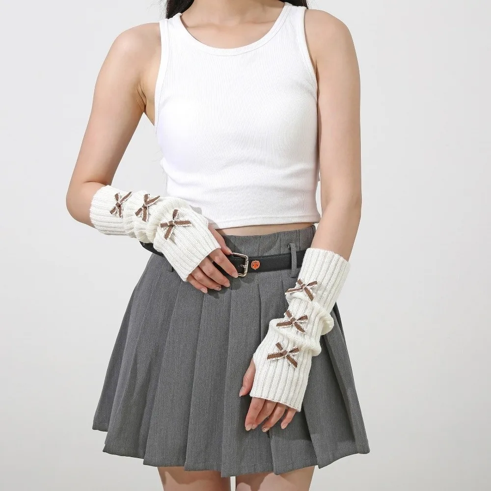 Y2K Thicken Bow Arm Warmers Long Knit Soft Knitted Y2K Fingerless Gloves Sweet Bowknot Sleeve Cover Women